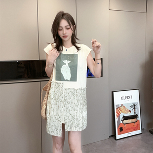 连衣裙女2025新款 砍袖 印花拼接碎花宽松圆领T恤裙欧洲站j 现货