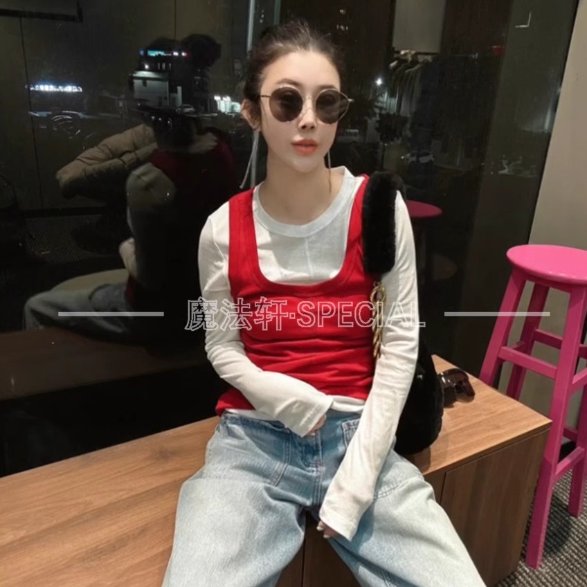 撞色上衣套装两件套女2025新款外穿U领背心+长袖小衫欧洲站潮Q