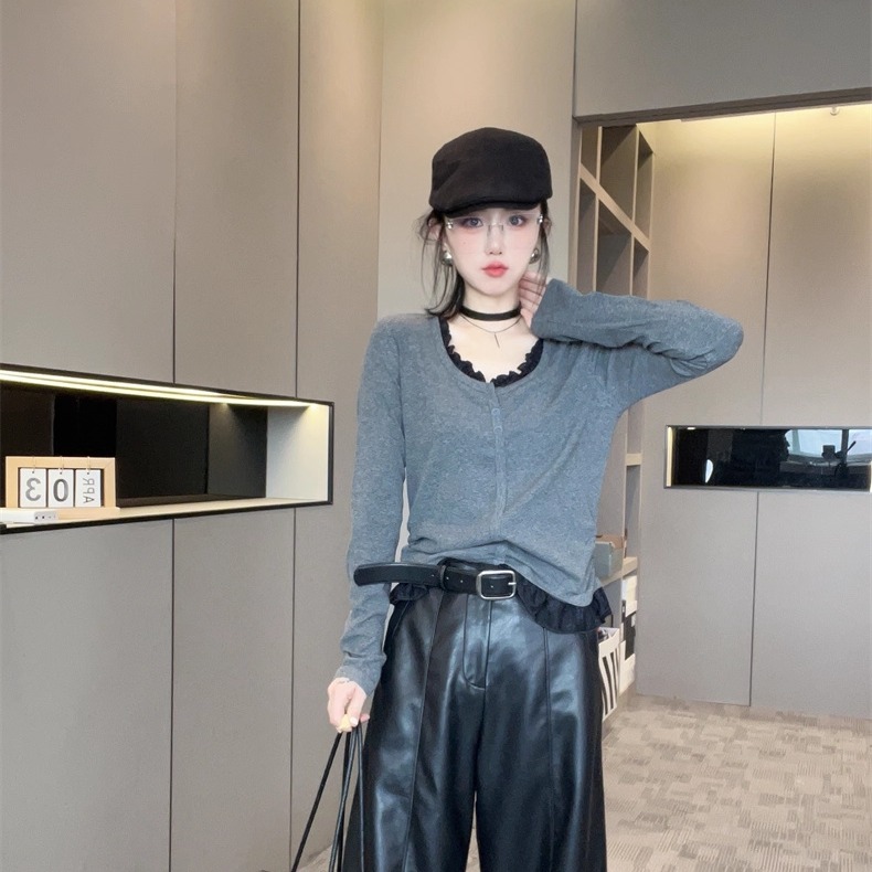 木耳边长袖小衫修身显瘦