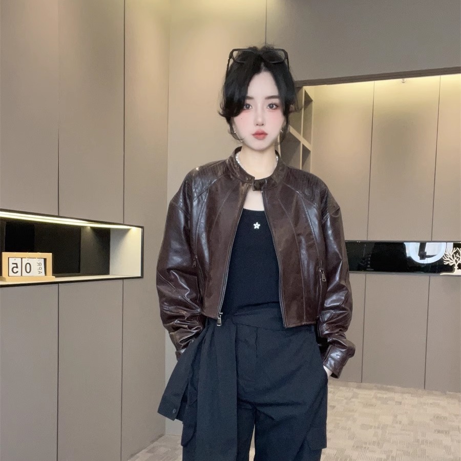 欧货真皮绵羊皮皮衣女小个子2025春季新款拉链短款宽松长袖外套潮