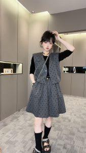 波点蝴蝶结套装两件套女2024秋季新款V领马甲＋连衣裙欧货欧洲站