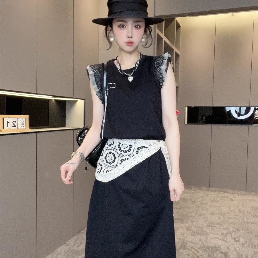 镂空钩花腰封连衣裙长裙女2025夏季新款网纱小飞袖圆领裙子欧洲站