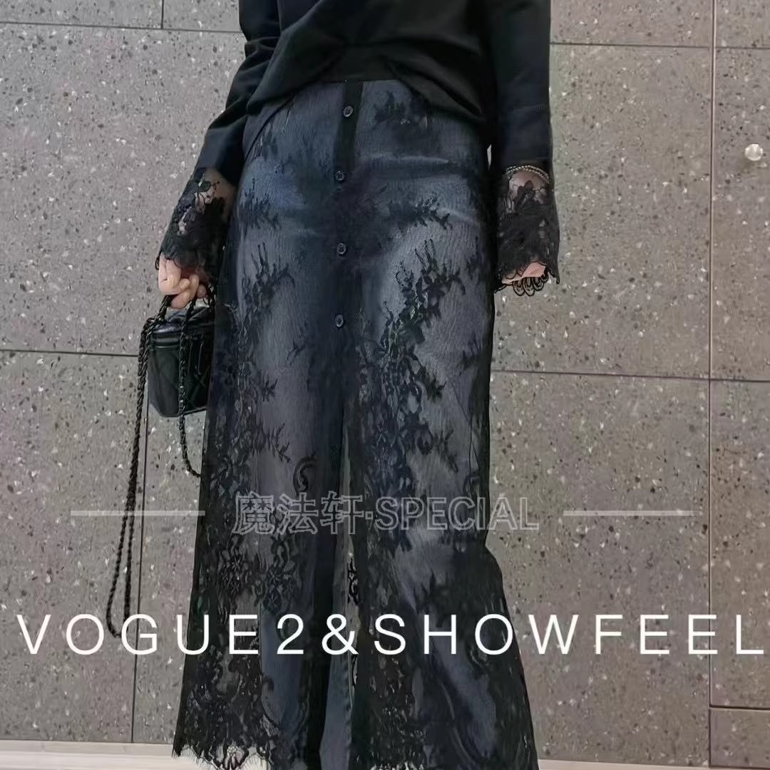 【现货】蕾丝拼接裤裙牛仔裤女2025夏季新款高腰长裤设计感欧货q