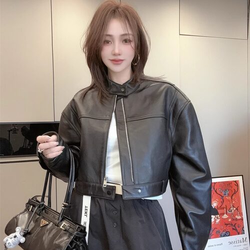 绵羊皮真皮机车夹克皮衣女