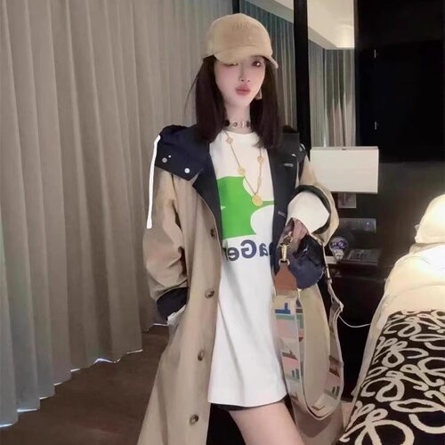 撞色连帽风衣外套长款单排扣上衣