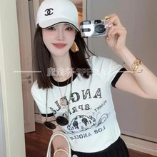 米奇字母印花短袖T恤女2025夏季新款正肩圆领修身半袖上衣欧洲站q