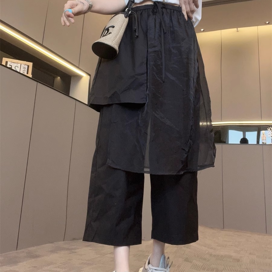 【现货】黑色裙裤休闲裤女2025新款夏季高腰抽绳八分裤阔腿裤子潮