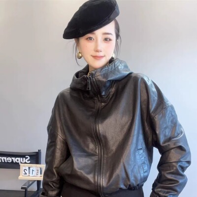 宽松欧韩短款连帽拉链皮衣夹克