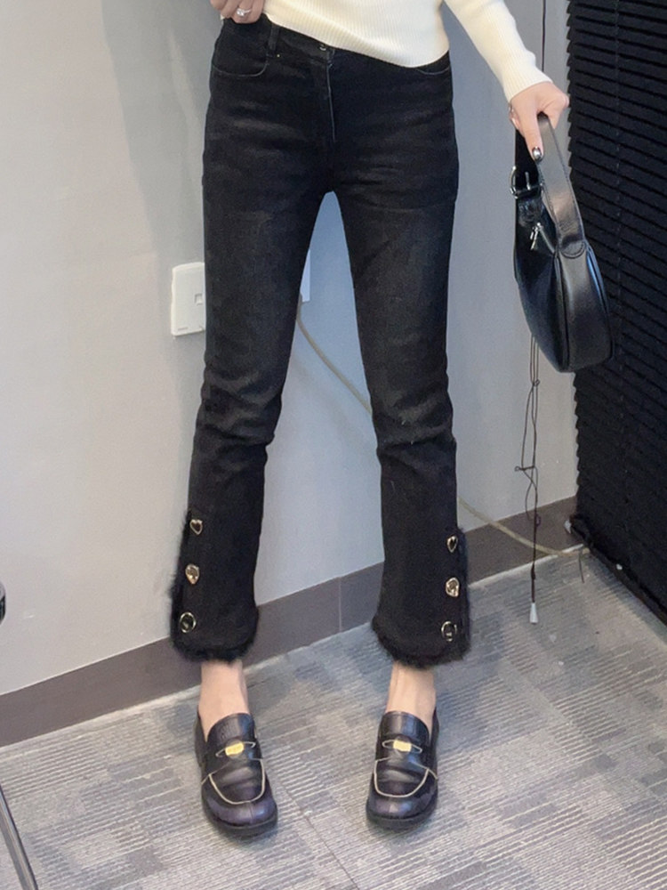 真水貂毛抓绒显瘦弹力拼接牛仔裤