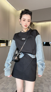 袖 寬松歐貨上衣 2025落肩圓領襯衫 新款 現貨 拼接牛仔衛衣女秋季