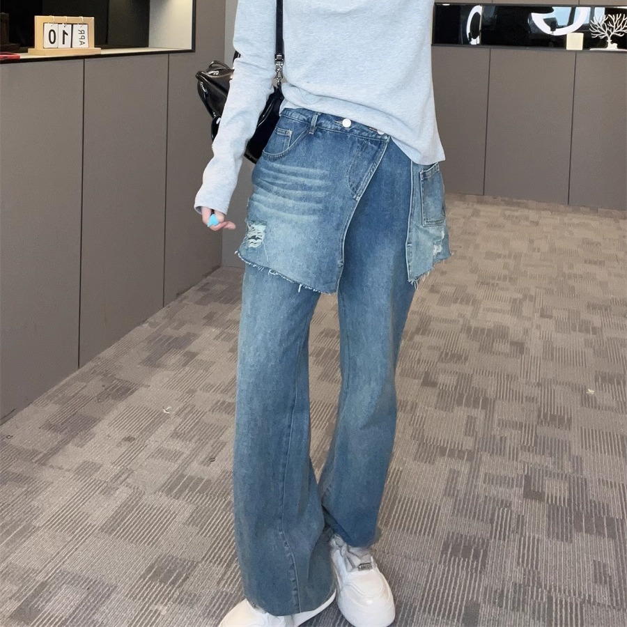 复古破洞屁帘牛仔裤女2025春季新款时尚潮流窄版直筒裤拖地裤裤子