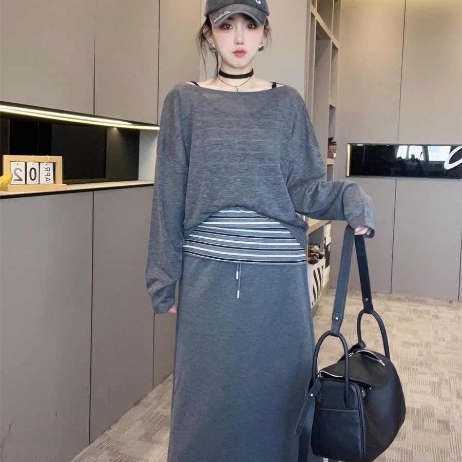 欧洲站减龄套装三件套女2025秋新款长袖T恤+条纹吊带+半身裙长裙