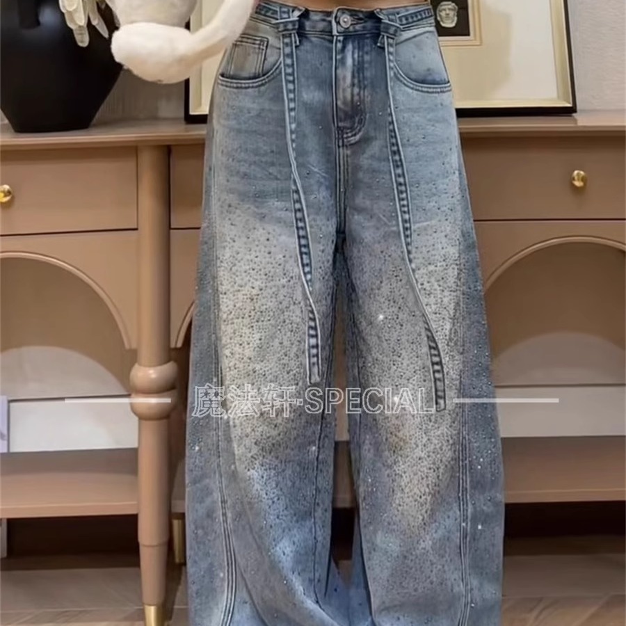 【现货】重工亮钻牛仔裤加绒阔腿裤女2025冬系带高腰宽松长裤子Q