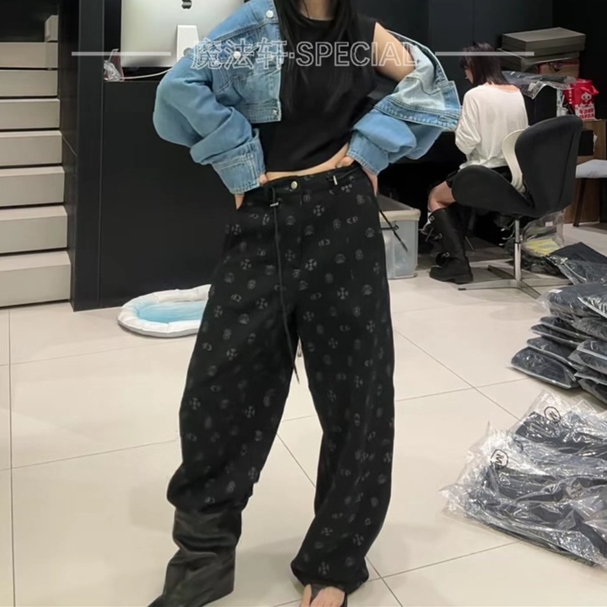 印花卫裤休闲裤女2025新款秋高腰显瘦宽松弯刀裤抽绳长裤子欧货q