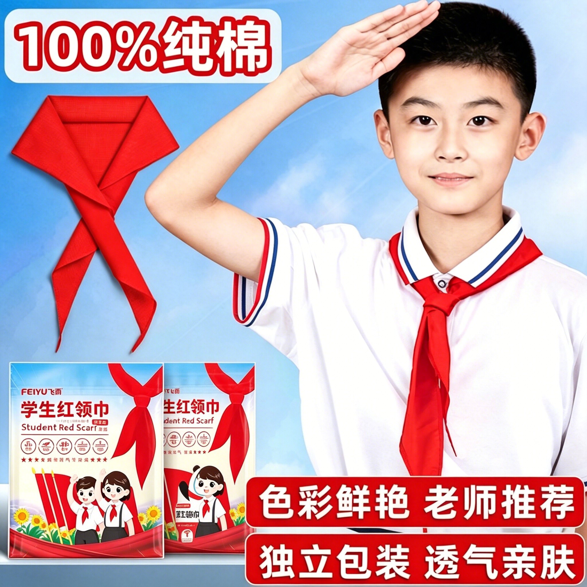 红领巾小学生全棉纯棉不掉色小号棉丝绸大号少先队开学用品红领巾儿童通用标准红领巾高品质绸缎布料初中生