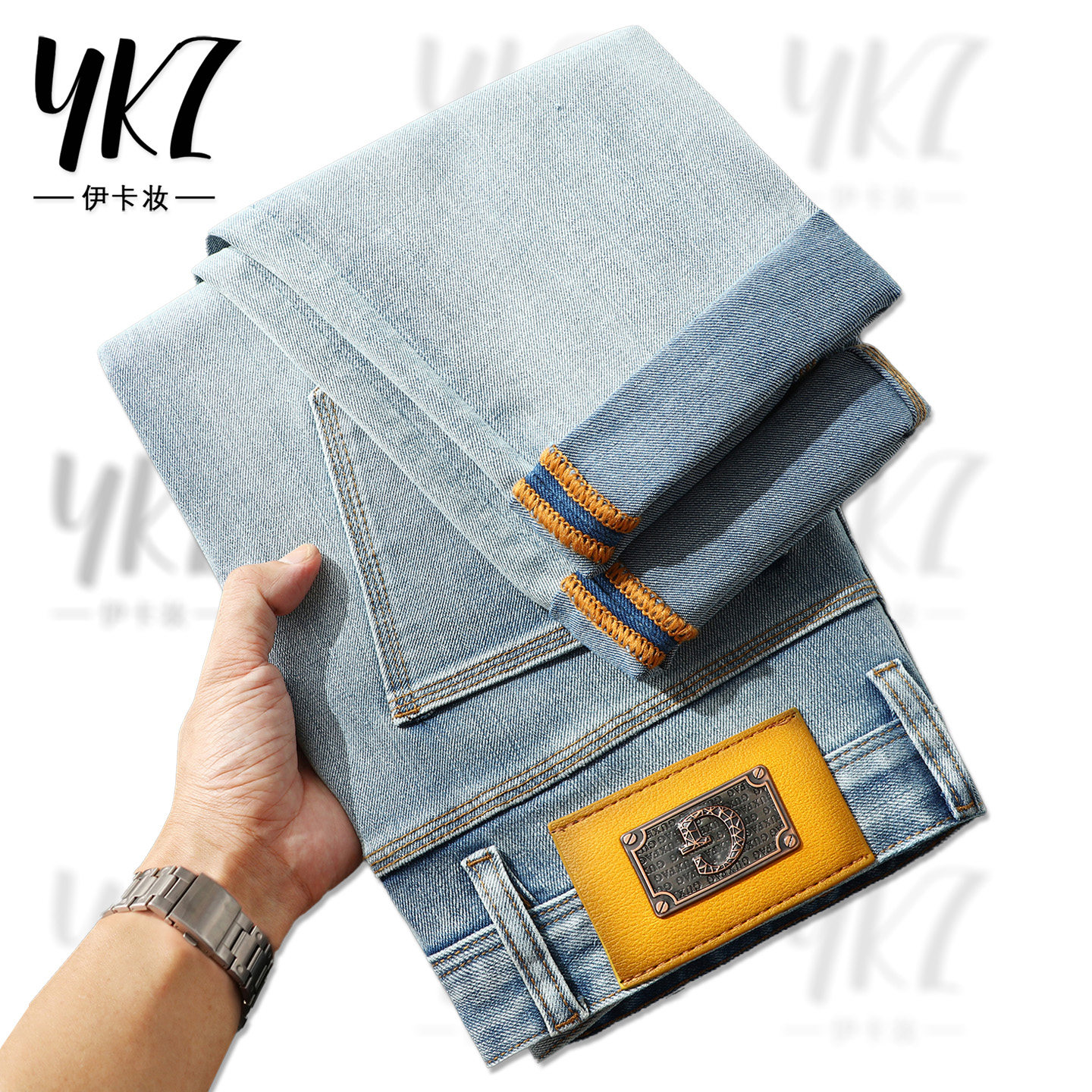 春夏季浅蓝色牛仔裤男小直筒修身 欧版中腰弹力小脚裤裤子男长裤