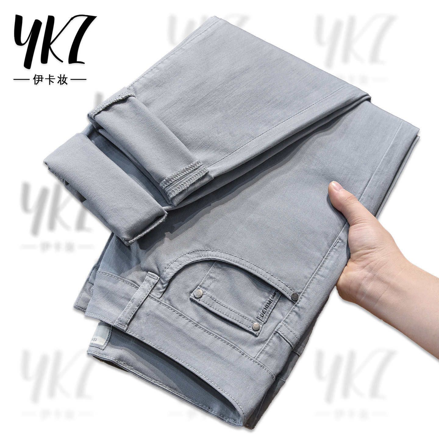 2026新品春夏季灰色休闲牛仔裤男小直筒修身版天蓝色弹力小脚裤男