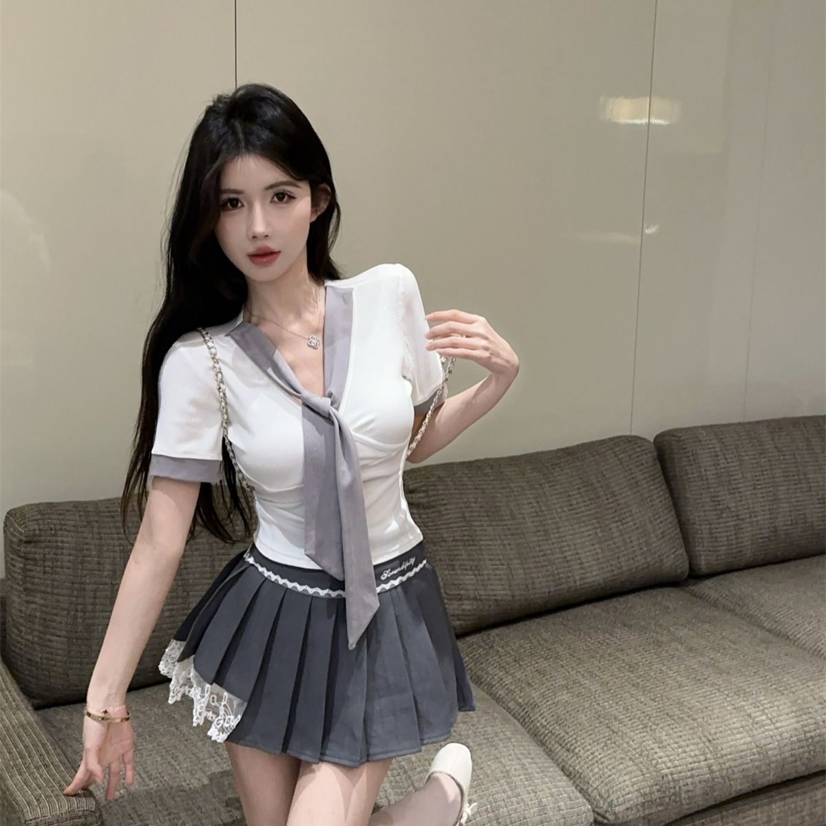 甜辣妹套装纯欲风V领短袖T恤高腰花边百褶裙jk制服学院风收腰