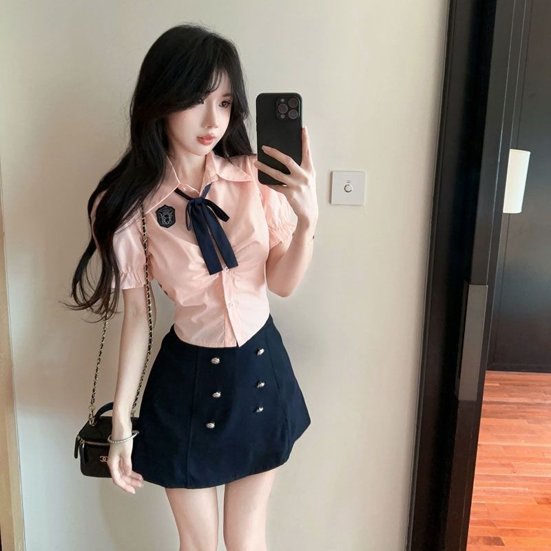韩系学院风时尚套装粉色jk制服衬衫高腰半身包臀裤裙两件套新款潮