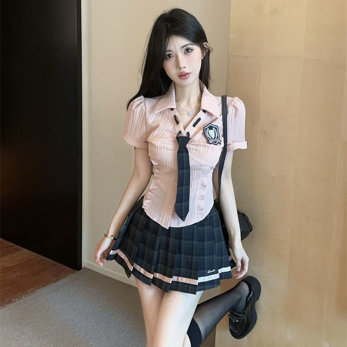 小个子学院风jk制服套装辣妹高级感纯欲短袖衬衫格子百褶裙两件套
