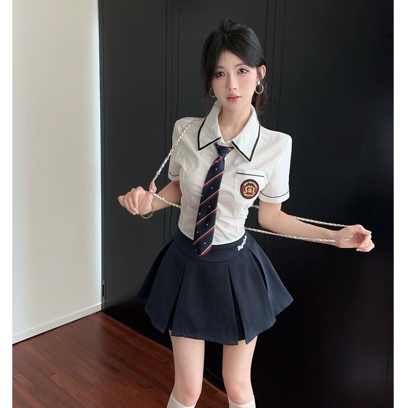 夏季新款韩版学院风jk制服辣妹纯欲穿搭短袖衬衫半身裙两件套装女