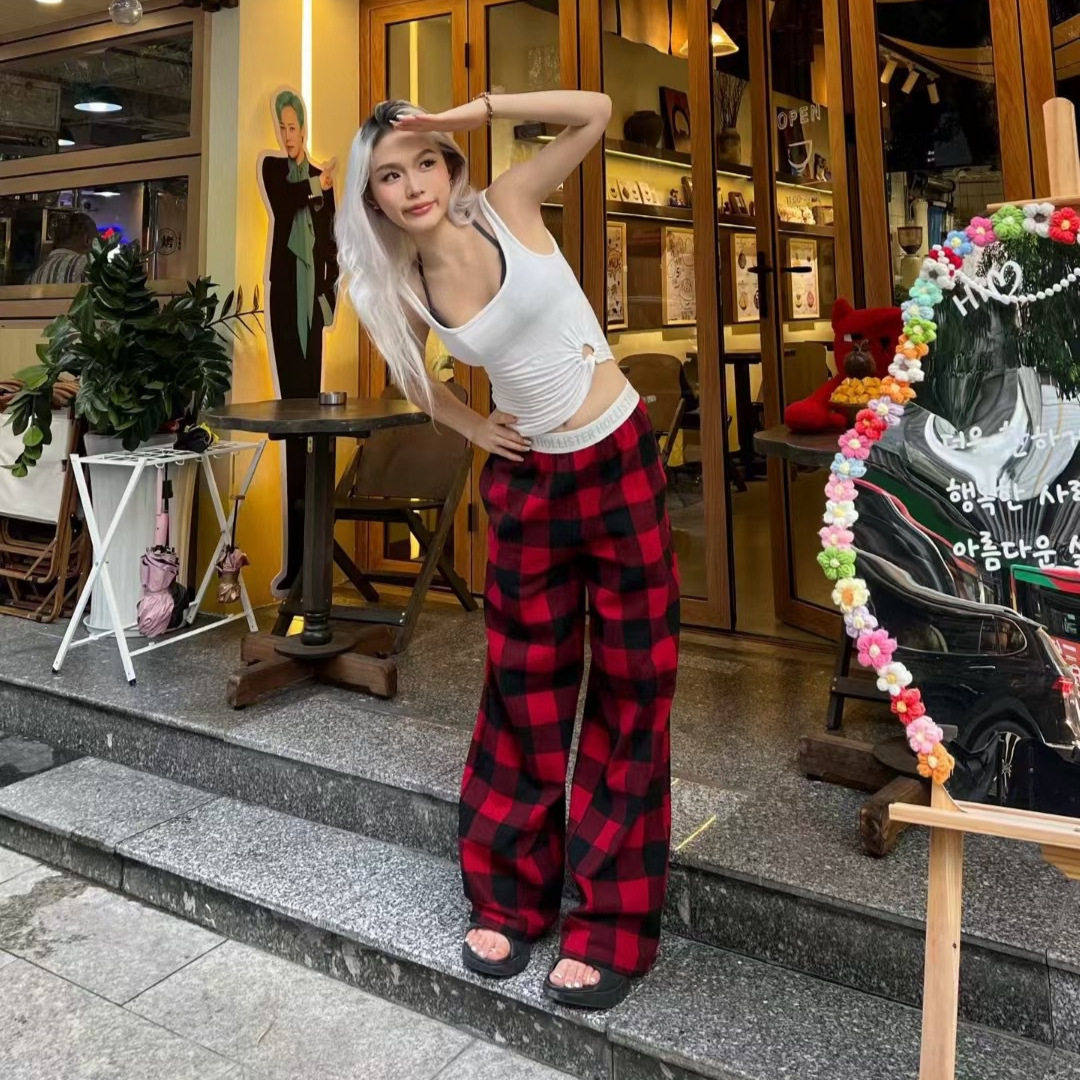小海鸥红黑格子高腰直筒裤