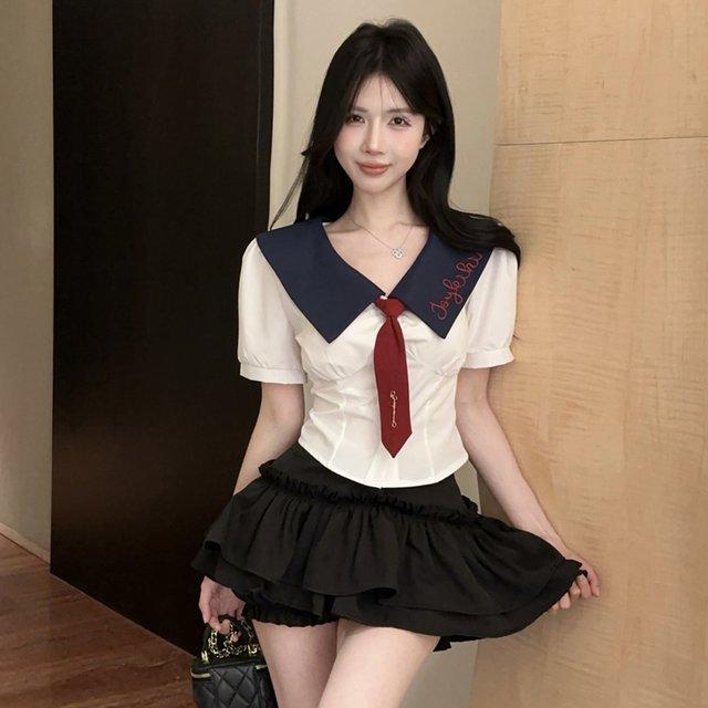 学院风jk制服时尚套装甜辣短袖领带上衣高腰蛋糕裤裙子两件套新款