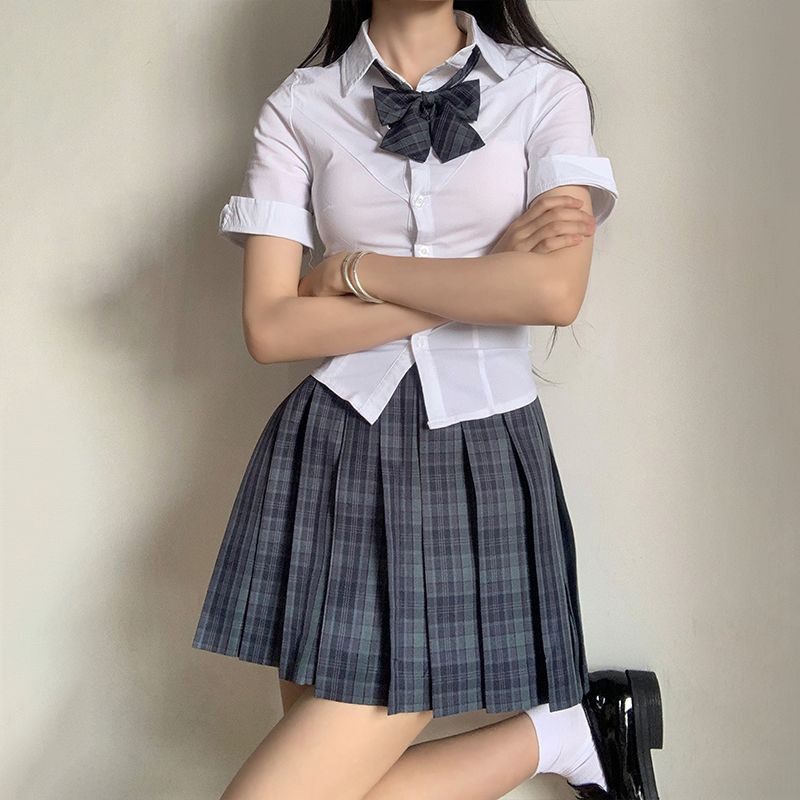 原创jk制服裙正版格裙套装学院风夏季高腰百褶短裙半身裙子两件套