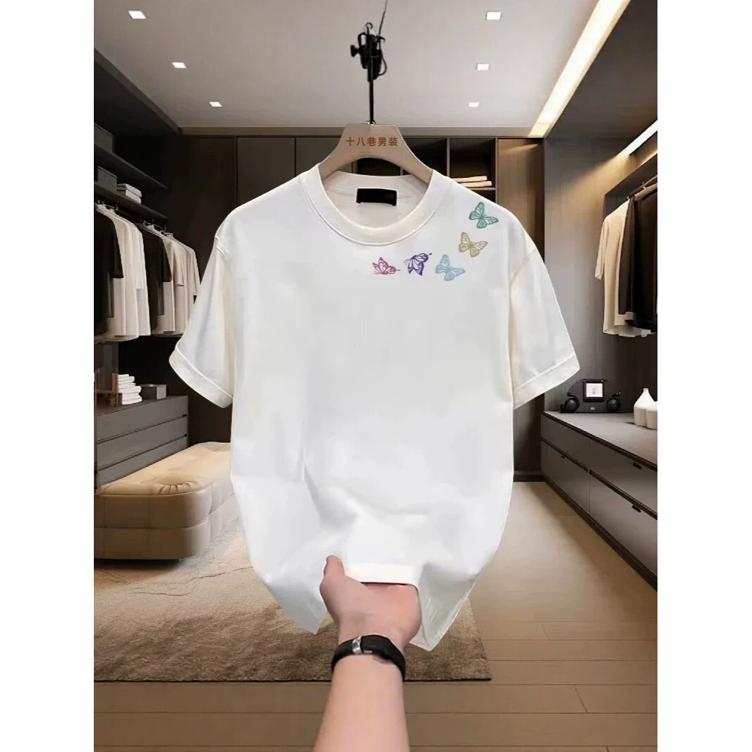 锁骨落粉蝶印花短袖男女款夏季情侣2026新款情侣t恤美式正肩半袖