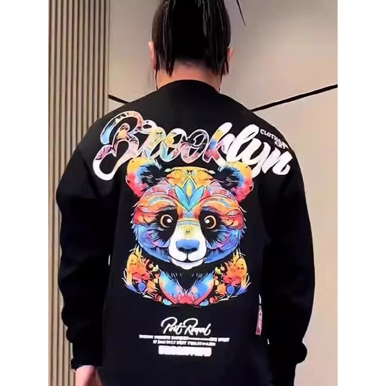 秋季新品长袖卫衣熊猫国潮中国风图案青年宽松百搭休闲套头打底衫