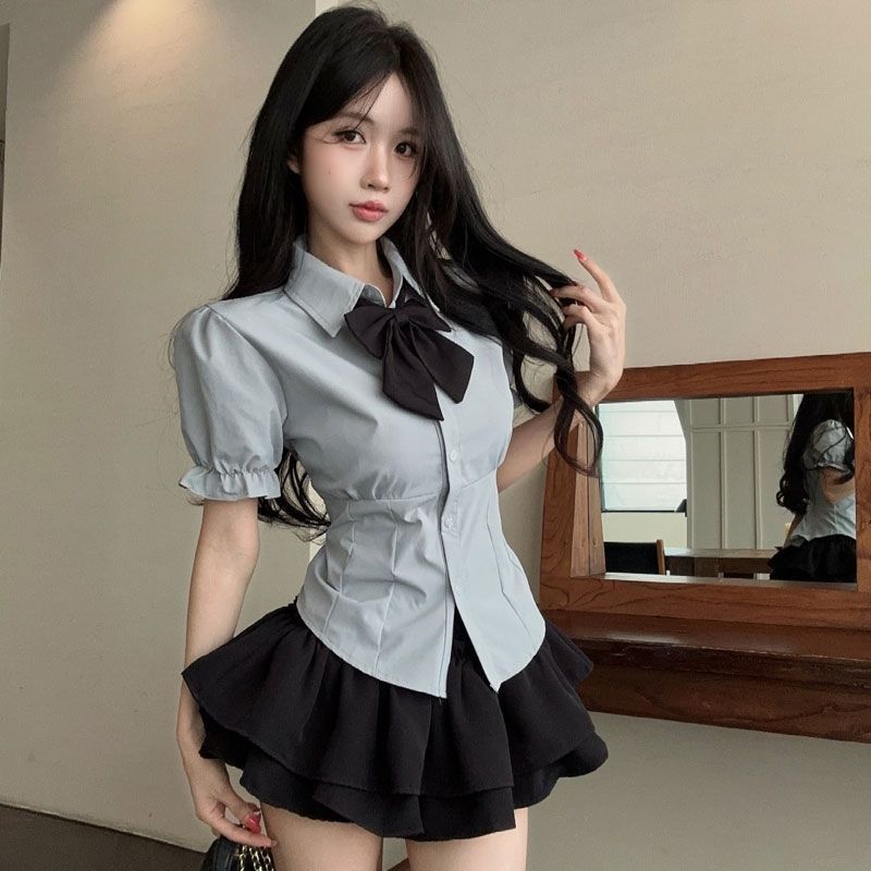 法式纯欲jk制服泡泡袖衬衫高腰显瘦a字裙防走光短裤裙时尚套装女