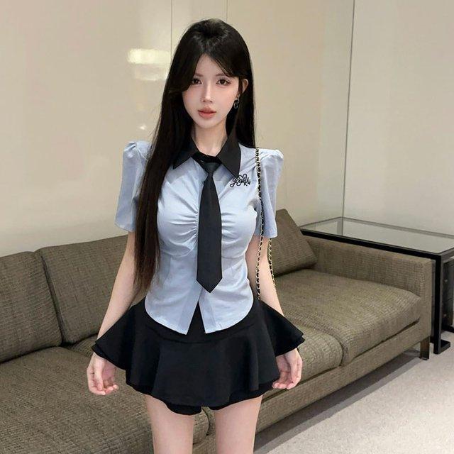 工作服足浴技师学院风性感蓝色刺绣polo领衬衣包臀裙jk制服套装裙