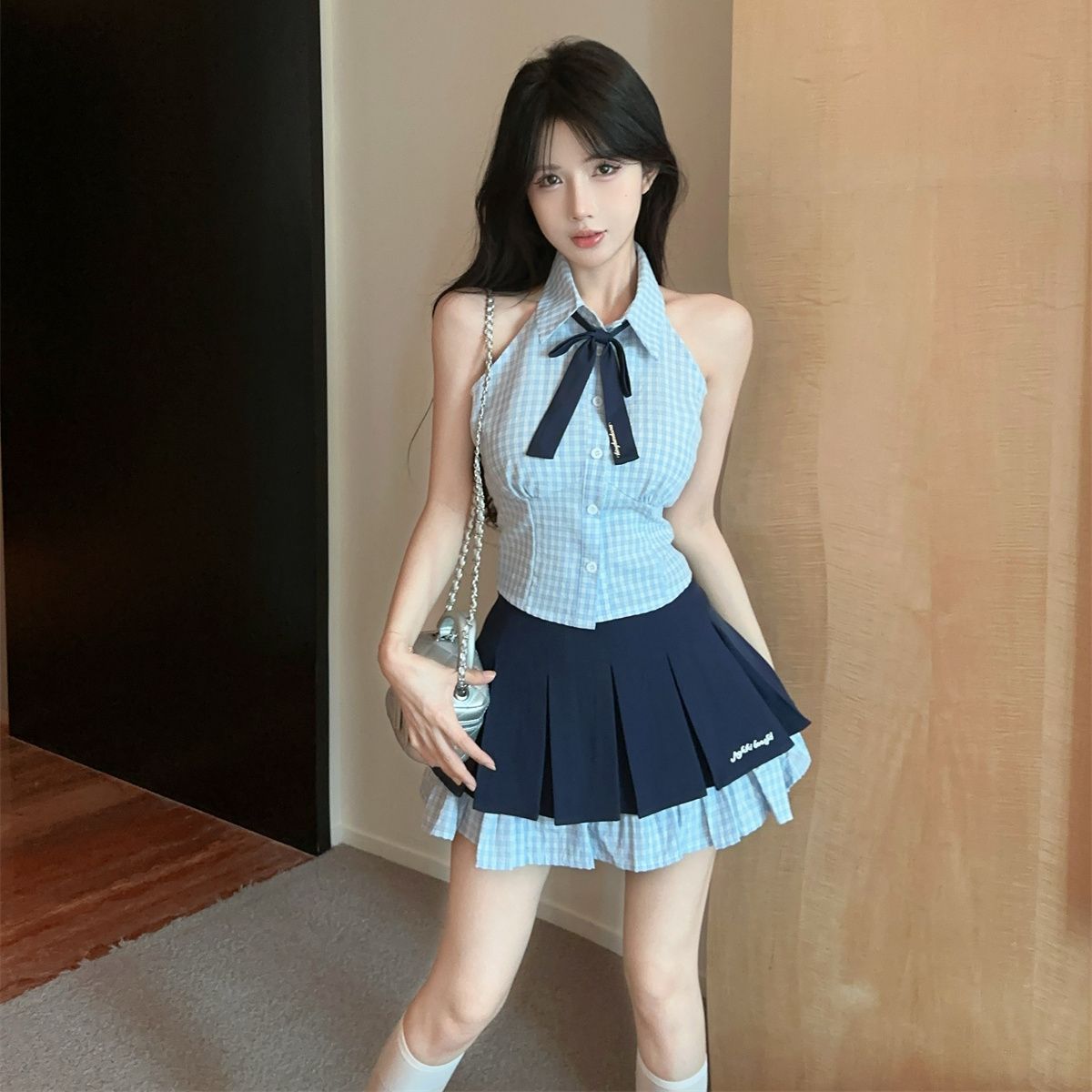 学院套装jkJK制服辣妹纯欲纯欲格格子无袖衬衫高腰半身短裙穿搭女