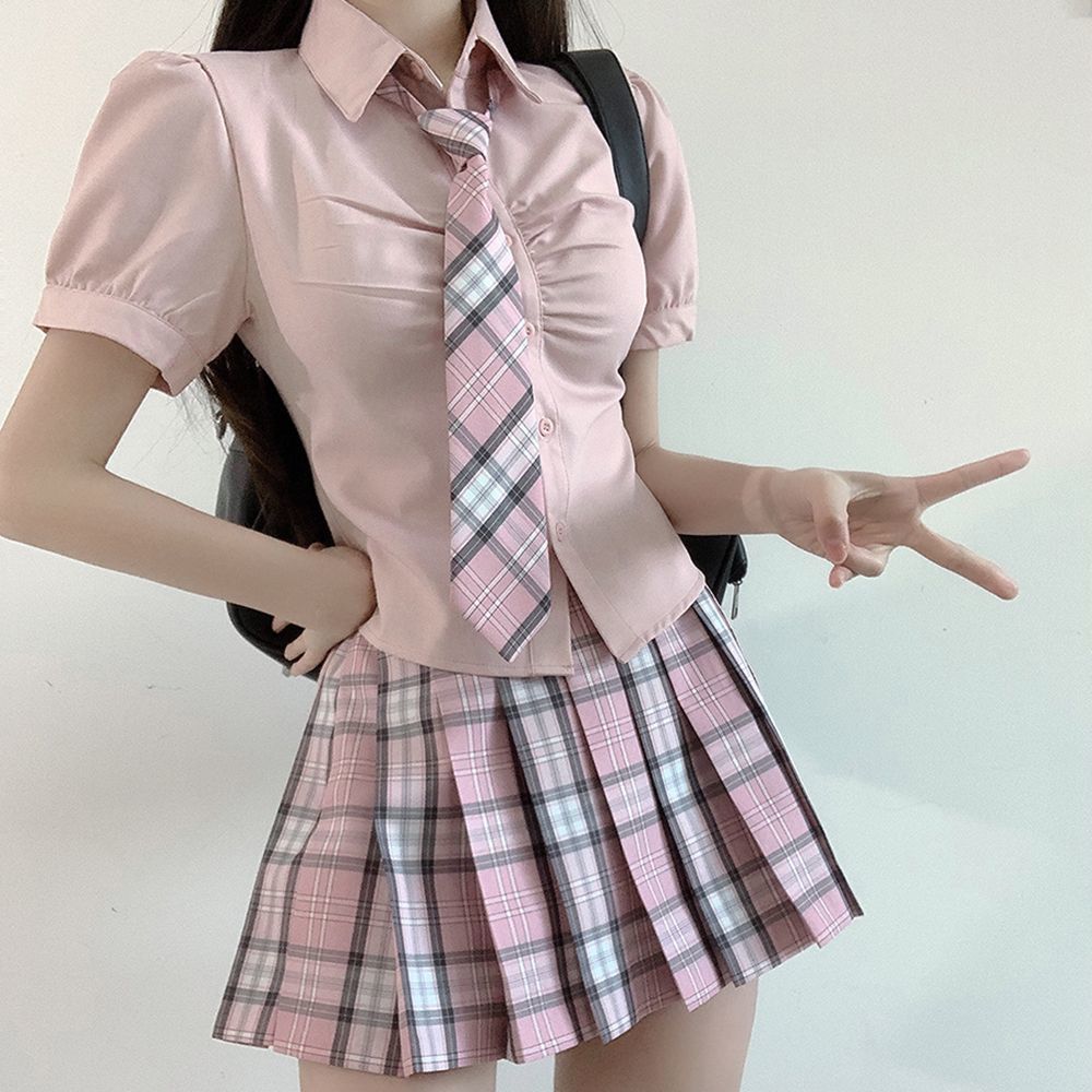 奶油兔JK制服原创收腰衬衫粉色短袖学院风日系辣妹泡泡袖格裙套装