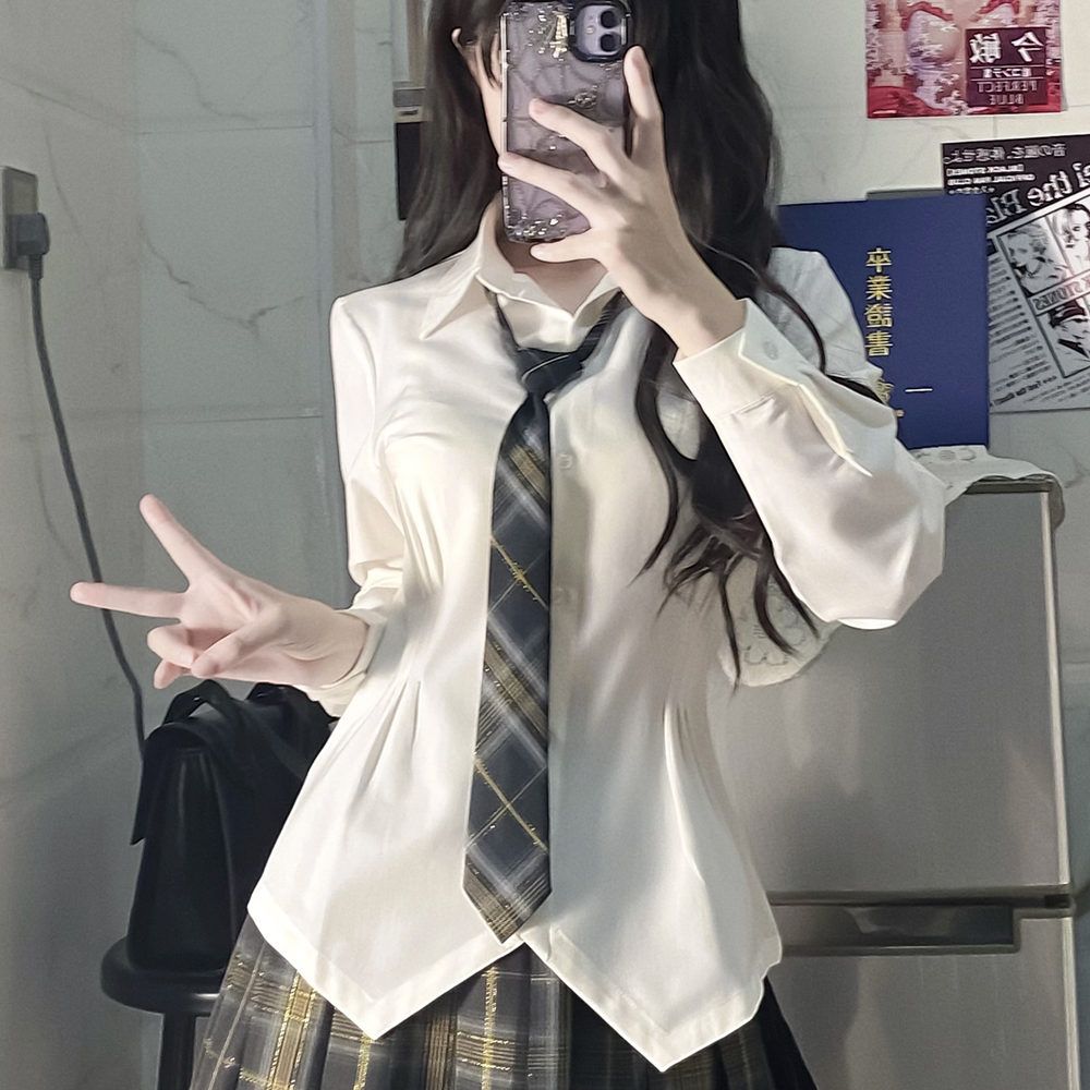 【神北JK】收腰jk制服衬衫女纯欲设计感辣妹修身短款长袖白色衬衣