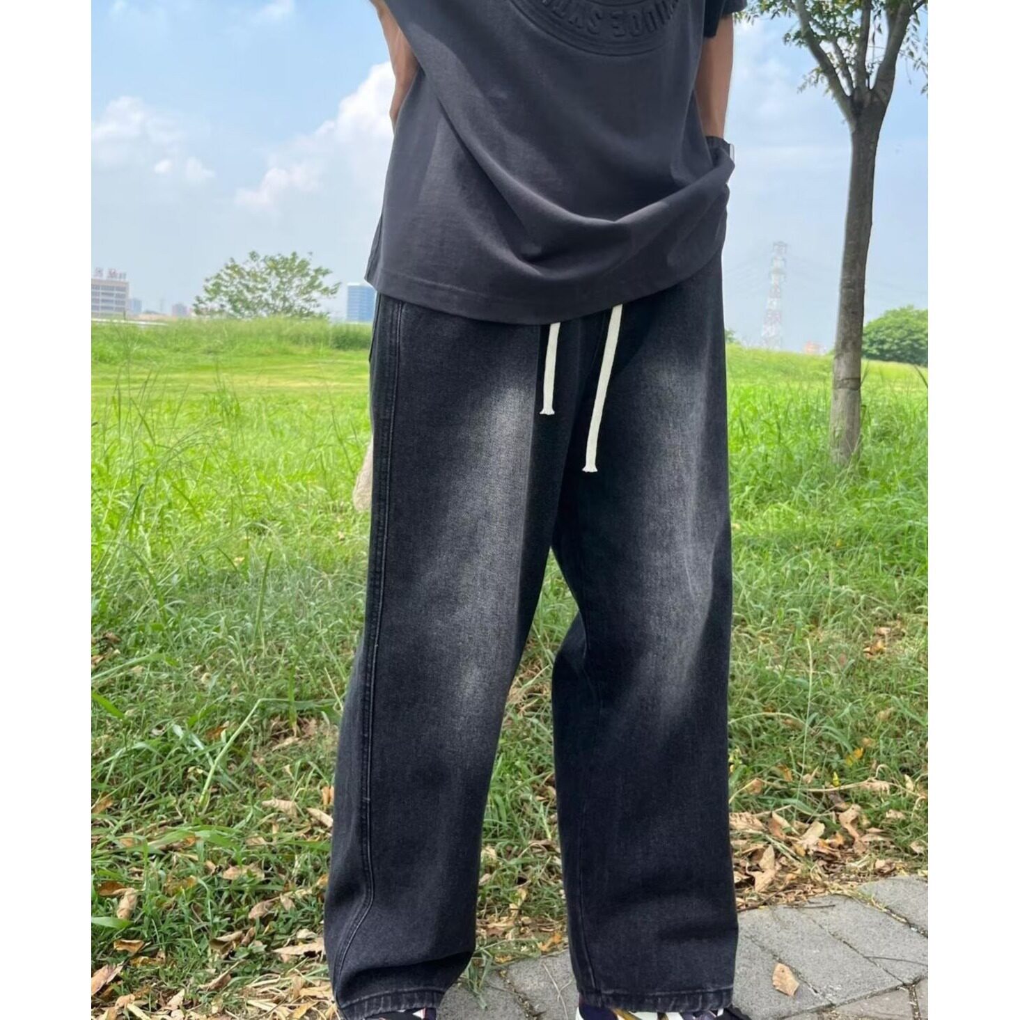 复古松紧抽绳牛仔裤男女显瘦新款嘻哈风水洗直筒宽松阔腿微喇长裤