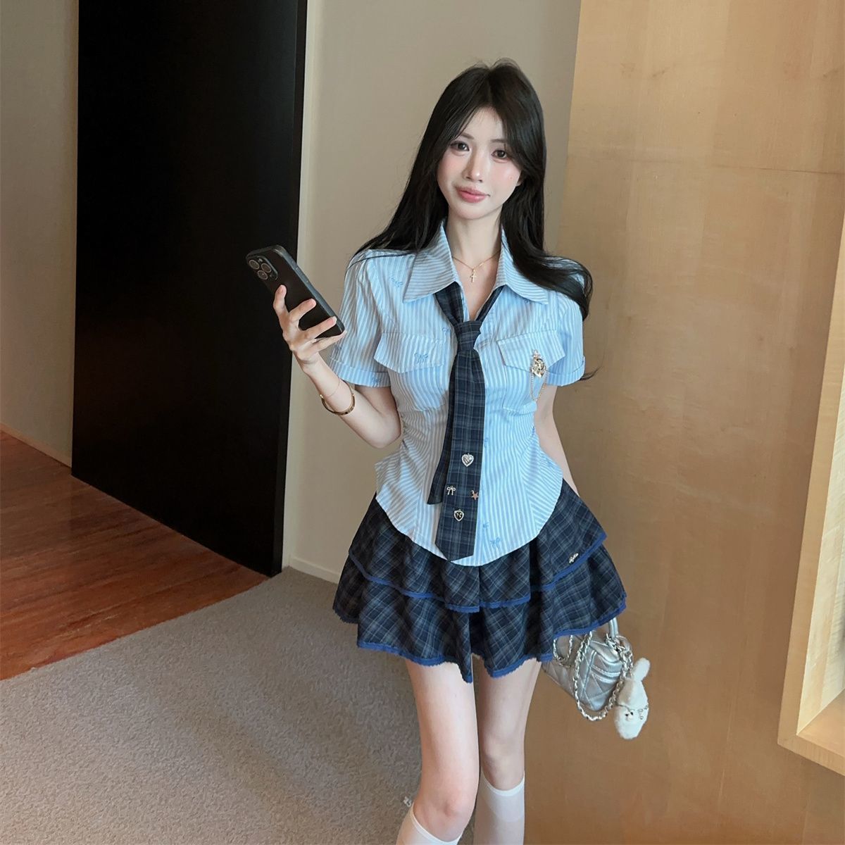 学院风jk时尚套装设计感甜美刺绣短袖领带衬衫高腰半身短裙新款