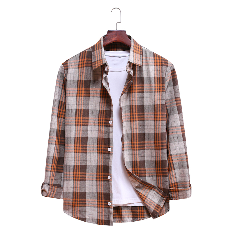 Quick sale men's fashion Plaid long sleeve shirt orange coffee