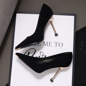 性感时尚 韩版 高跟鞋 女细跟金属尖头黑色绒面单鞋 2026春季 女鞋 新款