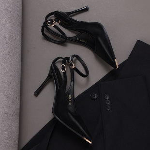 女鞋 气质一字带尖头单鞋 女2025春季 通勤黑色百搭细跟高级感高跟鞋