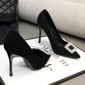 女百搭黑色绒面OL女鞋 2026春季 细跟性感水钻单鞋 尖头高跟鞋 潮 韩版