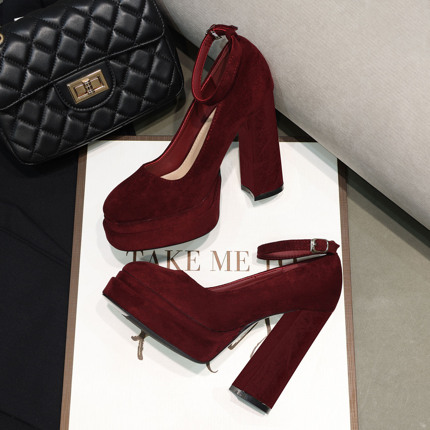 红色绒面玛丽珍鞋女2025新款一字扣防水台粗跟百搭高跟鞋单鞋女鞋,女鞋,玛丽珍鞋,淘宝优惠券,粉丝福利购,淘宝优惠卷