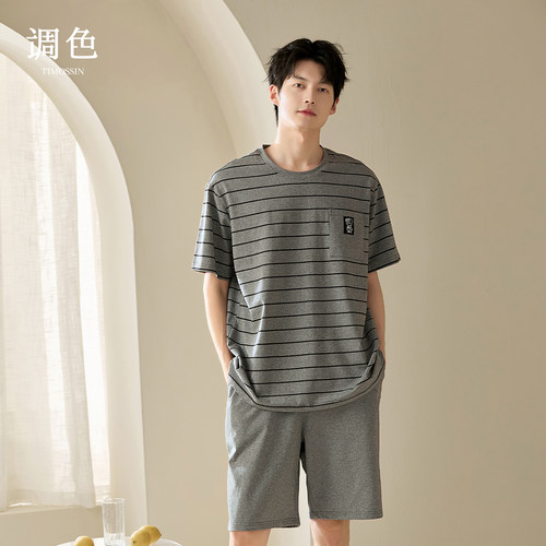Timossin/调色男款纯棉条纹短袖短裤睡衣夏季薄款透气家居服套装