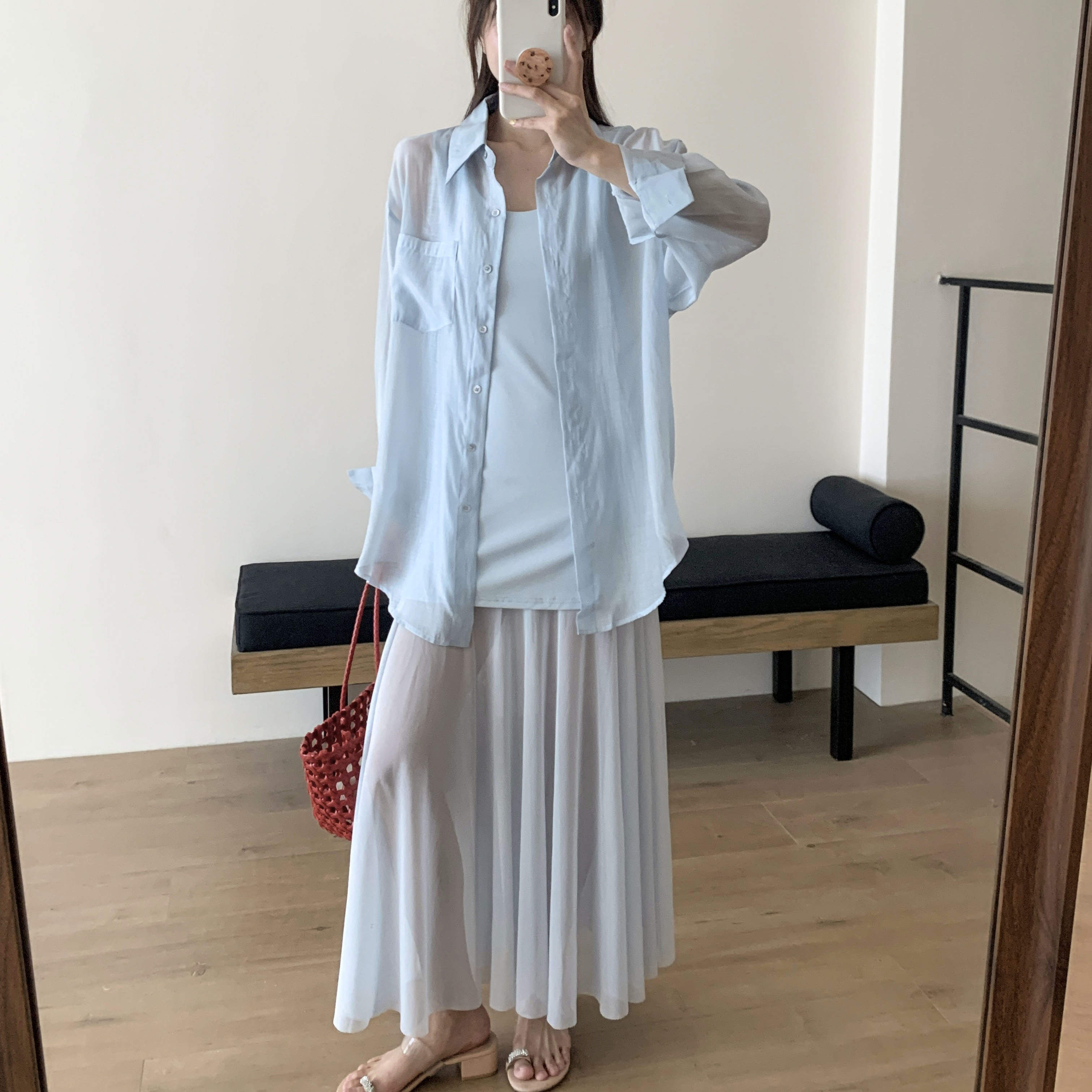 气质蓝色背心网纱连衣裙女202衬衫
