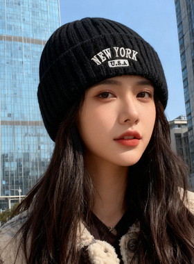 秋冬新款帽子女韩国字母刺绣针织帽保暖百搭情侣护耳毛线冷帽男潮