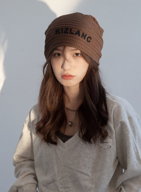 薄款针织帽子女字母秋冬月子帽显脸小百搭毛线帽冷帽包头堆堆帽潮