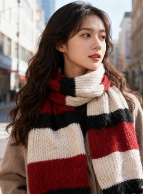 冬季围巾女2025新款柔软毛线针织羊毛围巾披肩条纹加厚保暖围脖男