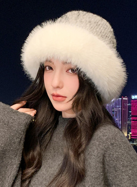 冬季帽子女防风保暖针织毛线帽大头围百搭显脸小毛绒帽加厚蒙古帽