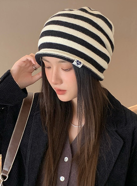 拼色卷边羊毛针织帽子女秋冬冷帽韩版堆堆帽百搭显脸小护耳包头帽