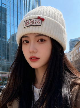 毛线帽子女秋冬宽松保暖针织帽显脸小套头帽户外防寒护耳包头冷帽